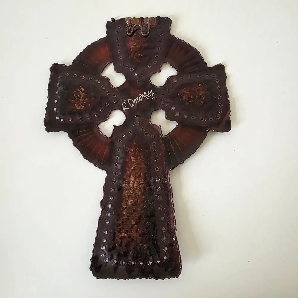 Vintage R. Downey Copper Enamel Celtic Wall Cross Green Patina Mid Century